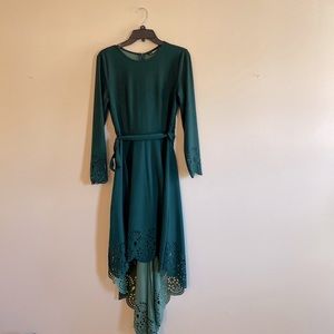 Medium hunter green hi-lo dress with cutout details
